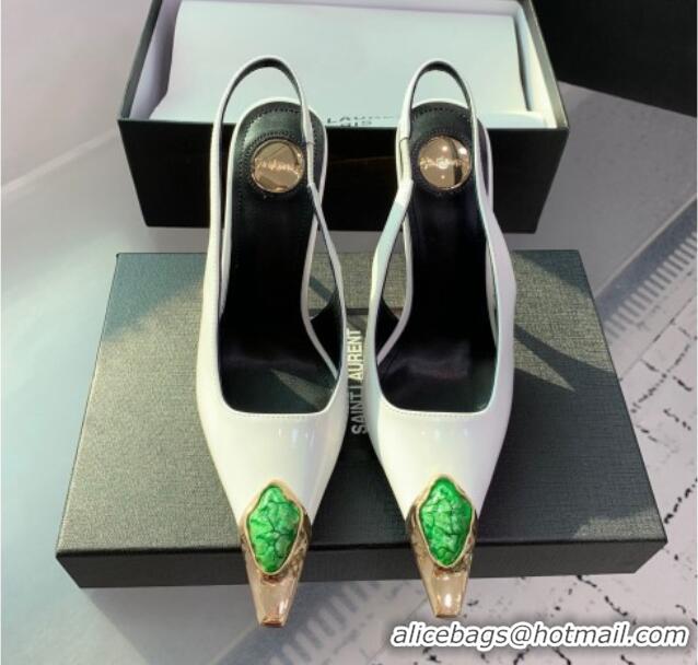 Good Product Saint Laurent Patent Leather High Heel Slingback Pumps 10.5cm with Jewel Stones White 1226113