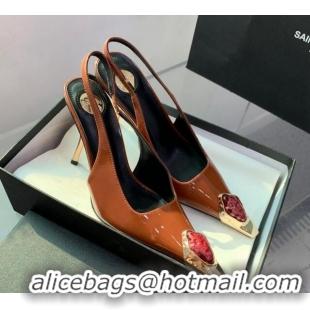 Good Quality Saint Laurent Patent Leather High Heel Slingback Pumps 10.5cm with Jewel Stones Orange 1226114