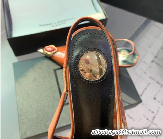 Good Quality Saint Laurent Patent Leather High Heel Slingback Pumps 10.5cm with Jewel Stones Orange 1226114