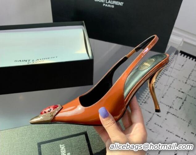 Good Quality Saint Laurent Patent Leather High Heel Slingback Pumps 10.5cm with Jewel Stones Orange 1226114