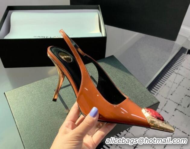 Good Quality Saint Laurent Patent Leather High Heel Slingback Pumps 10.5cm with Jewel Stones Orange 1226114