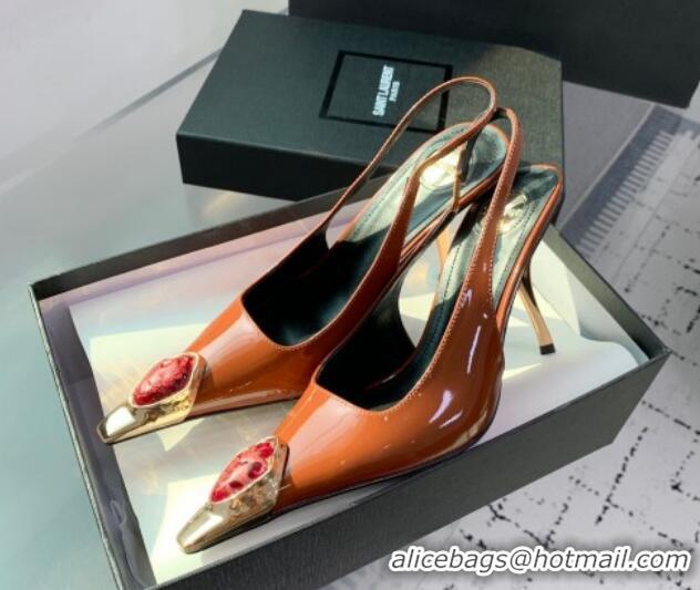 Good Quality Saint Laurent Patent Leather High Heel Slingback Pumps 10.5cm with Jewel Stones Orange 1226114