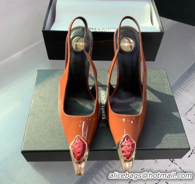 Good Quality Saint Laurent Patent Leather High Heel Slingback Pumps 10.5cm with Jewel Stones Orange 1226114