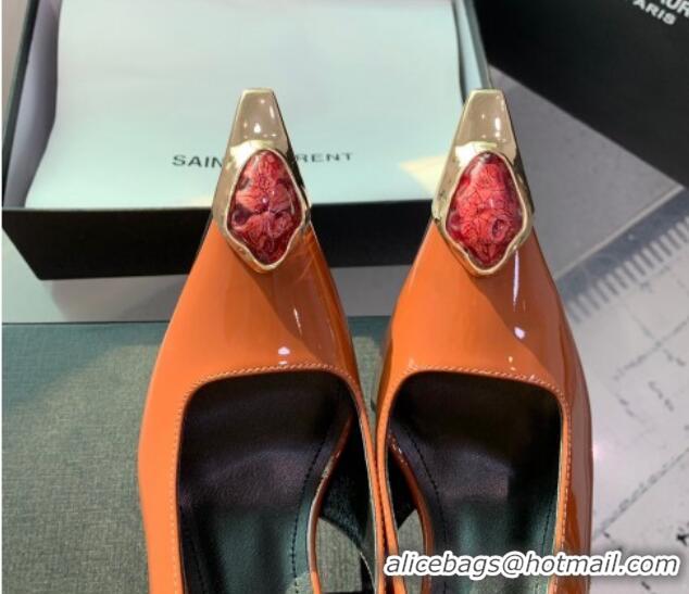 Good Quality Saint Laurent Patent Leather High Heel Slingback Pumps 10.5cm with Jewel Stones Orange 1226114