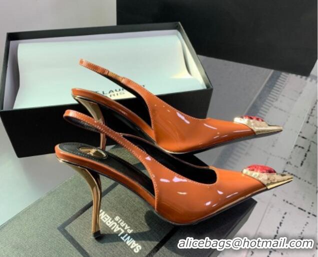 Good Quality Saint Laurent Patent Leather High Heel Slingback Pumps 10.5cm with Jewel Stones Orange 1226114