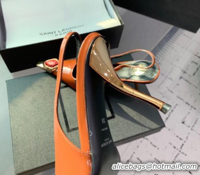 Good Quality Saint Laurent Patent Leather High Heel Slingback Pumps 10.5cm with Jewel Stones Orange 1226114