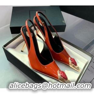 Trendy Design Saint Laurent Patent Leather High Heel Slingback Pumps 10.5cm with Jewel Stones Orange Red 1226115