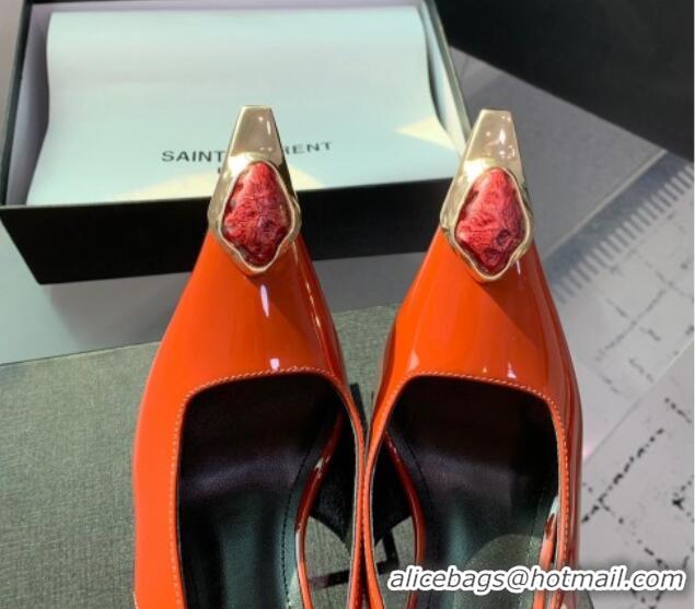 Trendy Design Saint Laurent Patent Leather High Heel Slingback Pumps 10.5cm with Jewel Stones Orange Red 1226115