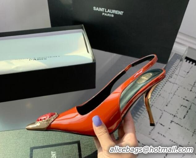 Trendy Design Saint Laurent Patent Leather High Heel Slingback Pumps 10.5cm with Jewel Stones Orange Red 1226115