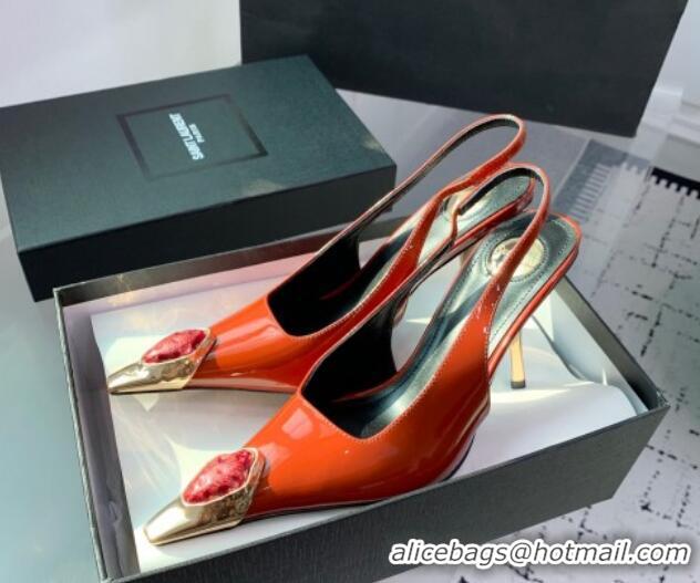 Trendy Design Saint Laurent Patent Leather High Heel Slingback Pumps 10.5cm with Jewel Stones Orange Red 1226115