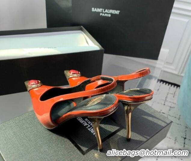 Trendy Design Saint Laurent Patent Leather High Heel Slingback Pumps 10.5cm with Jewel Stones Orange Red 1226115