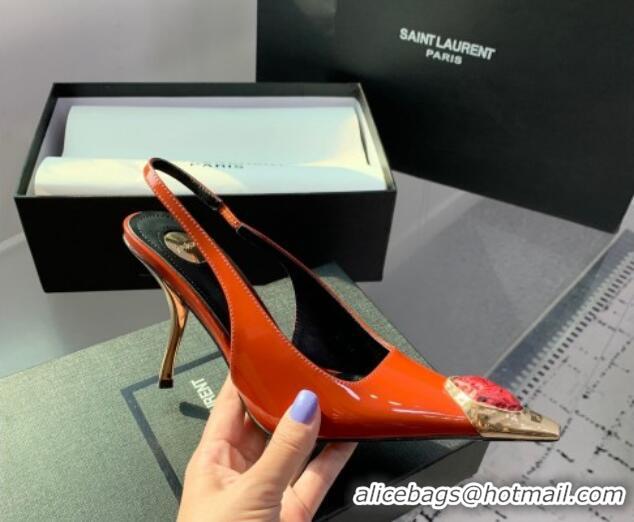 Trendy Design Saint Laurent Patent Leather High Heel Slingback Pumps 10.5cm with Jewel Stones Orange Red 1226115