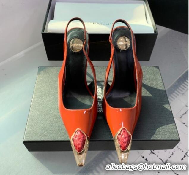 Trendy Design Saint Laurent Patent Leather High Heel Slingback Pumps 10.5cm with Jewel Stones Orange Red 1226115