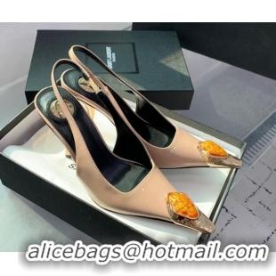 Grade Saint Laurent Patent Leather High Heel Slingback Pumps 10.5cm with Jewel Stones Nude Pink 1226116