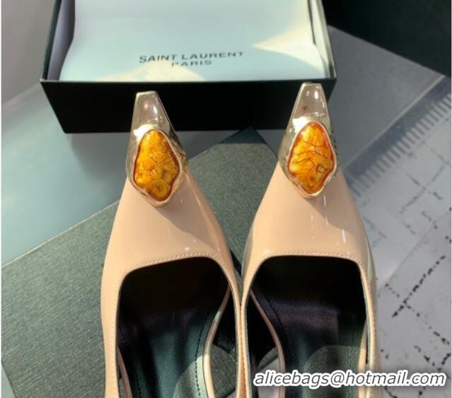 Grade Saint Laurent Patent Leather High Heel Slingback Pumps 10.5cm with Jewel Stones Nude Pink 1226116