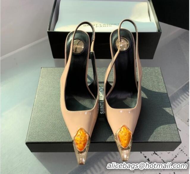 Grade Saint Laurent Patent Leather High Heel Slingback Pumps 10.5cm with Jewel Stones Nude Pink 1226116