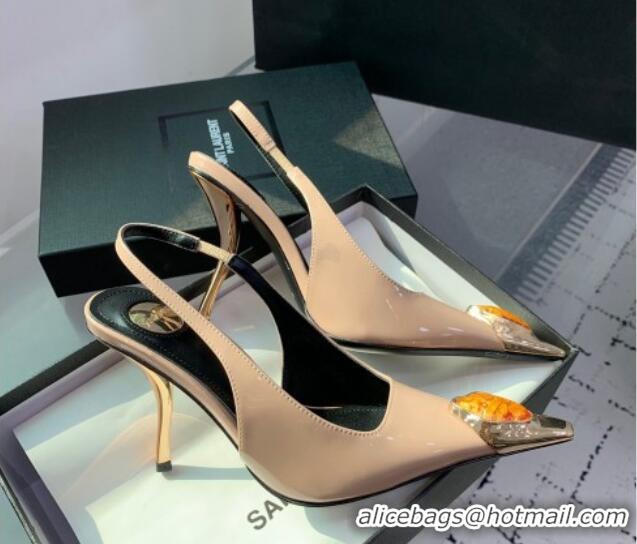 Grade Saint Laurent Patent Leather High Heel Slingback Pumps 10.5cm with Jewel Stones Nude Pink 1226116