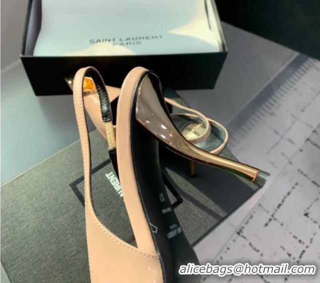 Grade Saint Laurent Patent Leather High Heel Slingback Pumps 10.5cm with Jewel Stones Nude Pink 1226116