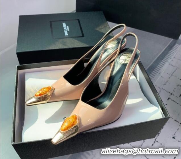 Grade Saint Laurent Patent Leather High Heel Slingback Pumps 10.5cm with Jewel Stones Nude Pink 1226116