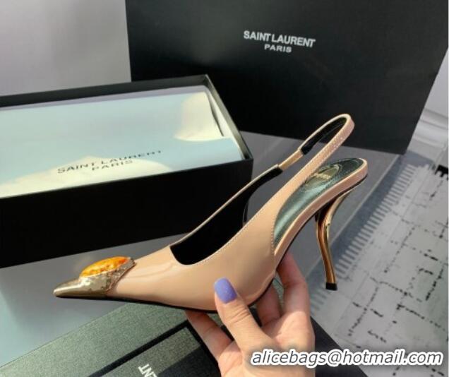 Grade Saint Laurent Patent Leather High Heel Slingback Pumps 10.5cm with Jewel Stones Nude Pink 1226116