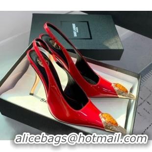 Stylish Saint Laurent Patent Leather High Heel Slingback Pumps 10.5cm with Jewel Stones Red 1226117