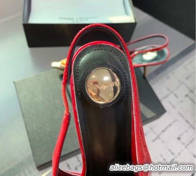 Stylish Saint Laurent Patent Leather High Heel Slingback Pumps 10.5cm with Jewel Stones Red 1226117