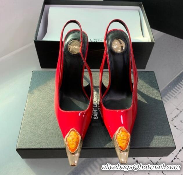 Stylish Saint Laurent Patent Leather High Heel Slingback Pumps 10.5cm with Jewel Stones Red 1226117