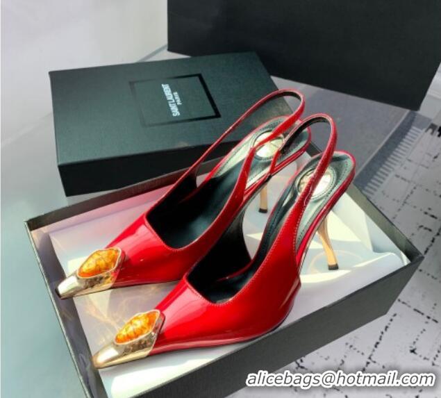 Stylish Saint Laurent Patent Leather High Heel Slingback Pumps 10.5cm with Jewel Stones Red 1226117