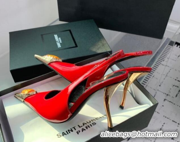 Stylish Saint Laurent Patent Leather High Heel Slingback Pumps 10.5cm with Jewel Stones Red 1226117