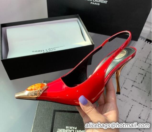 Stylish Saint Laurent Patent Leather High Heel Slingback Pumps 10.5cm with Jewel Stones Red 1226117