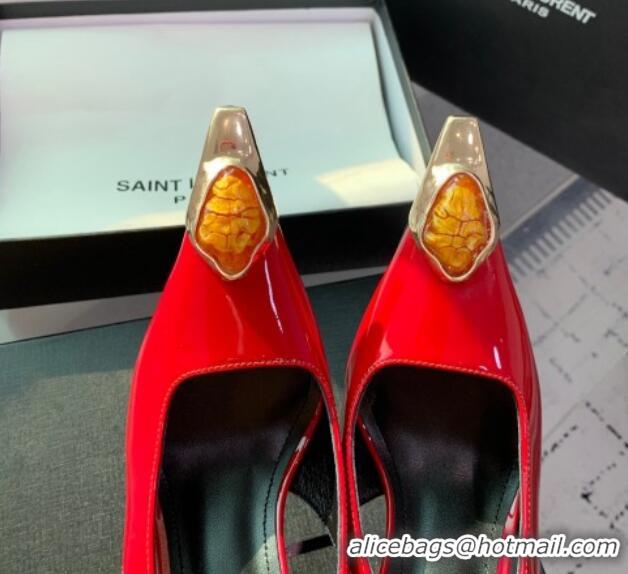 Stylish Saint Laurent Patent Leather High Heel Slingback Pumps 10.5cm with Jewel Stones Red 1226117