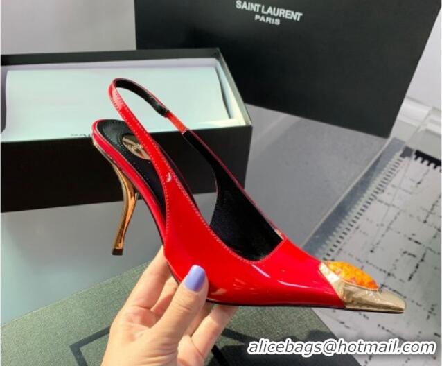 Stylish Saint Laurent Patent Leather High Heel Slingback Pumps 10.5cm with Jewel Stones Red 1226117