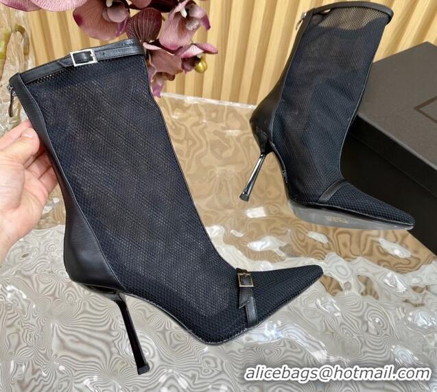 Luxury Cheap Saint Laurent Calfskin and Mesh High Heel Ankle Boots 10.5cm with Buckle Black 1226124