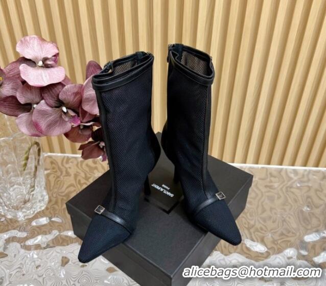 Luxury Cheap Saint Laurent Calfskin and Mesh High Heel Ankle Boots 10.5cm with Buckle Black 1226124