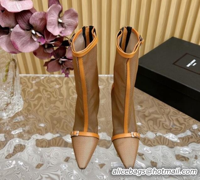 Unique Style Saint Laurent Calfskin and Mesh High Heel Ankle Boots 10.5cm with Buckle Beige/Brown 1226125