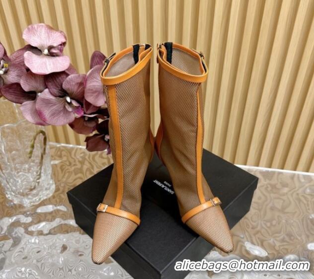 Unique Style Saint Laurent Calfskin and Mesh High Heel Ankle Boots 10.5cm with Buckle Beige/Brown 1226125