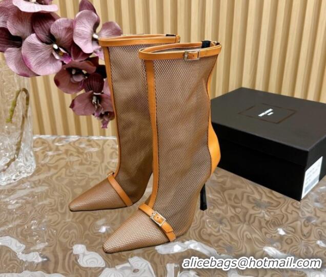 Unique Style Saint Laurent Calfskin and Mesh High Heel Ankle Boots 10.5cm with Buckle Beige/Brown 1226125