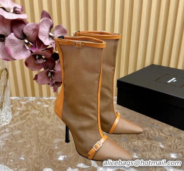 Unique Style Saint Laurent Calfskin and Mesh High Heel Ankle Boots 10.5cm with Buckle Beige/Brown 1226125