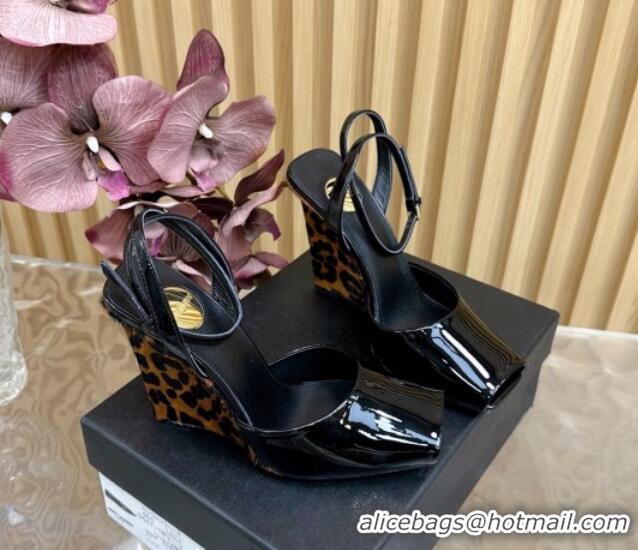 Popular Style Saint Laurent La Scandale Open Toe Wedge Sandals 11cm in Patent Leather Black/Leopard Print 0225058