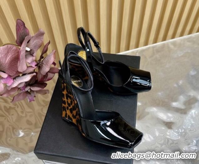 Popular Style Saint Laurent La Scandale Open Toe Wedge Sandals 11cm in Patent Leather Black/Leopard Print 0225058