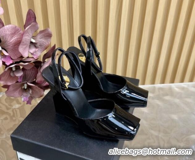 Stylish Saint Laurent La Scandale Open Toe Wedge Sandals 11cm in Patent Leather Black 0225059