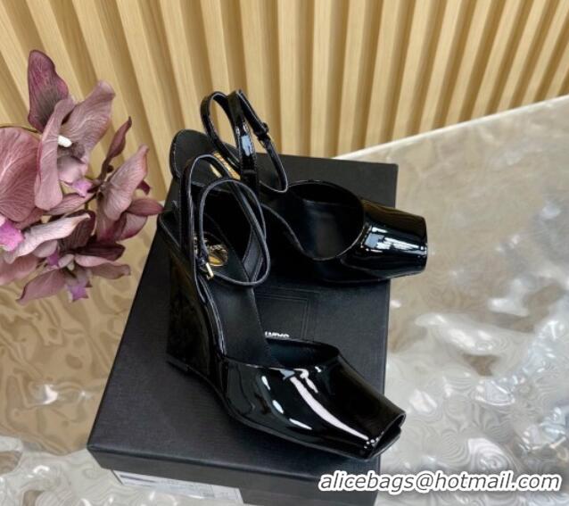 Stylish Saint Laurent La Scandale Open Toe Wedge Sandals 11cm in Patent Leather Black 0225059