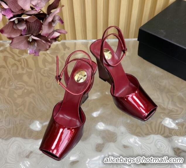 Good Looking Saint Laurent La Scandale Open Toe Wedge Sandals 11cm in Patent Leather Red 0225060