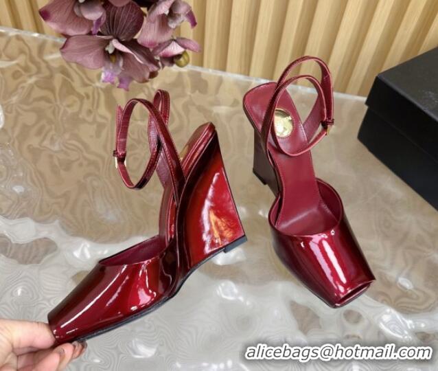 Good Looking Saint Laurent La Scandale Open Toe Wedge Sandals 11cm in Patent Leather Red 0225060