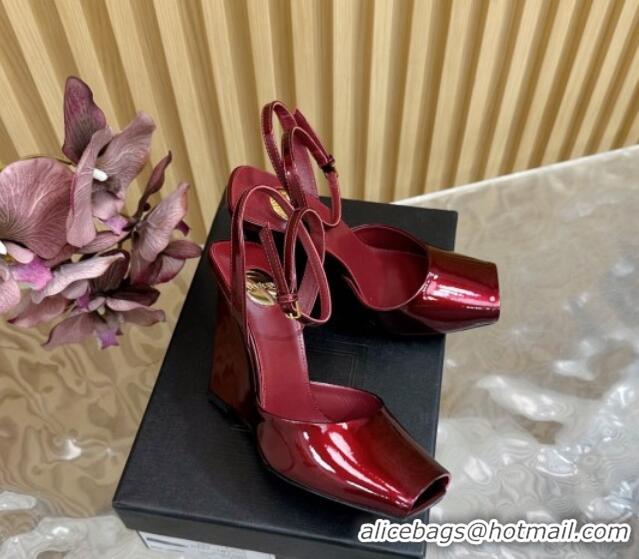 Good Looking Saint Laurent La Scandale Open Toe Wedge Sandals 11cm in Patent Leather Red 0225060