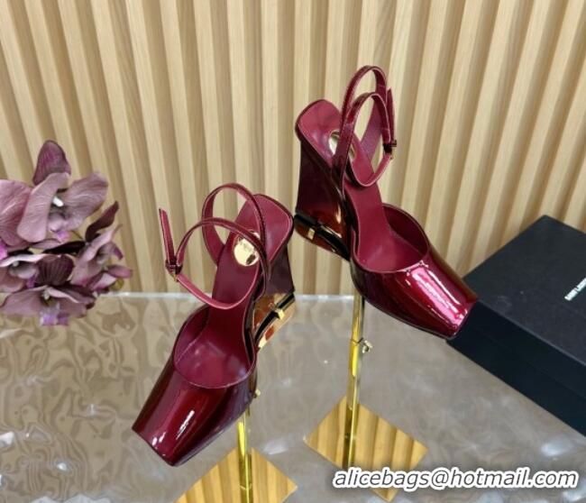 Good Looking Saint Laurent La Scandale Open Toe Wedge Sandals 11cm in Patent Leather Red 0225060