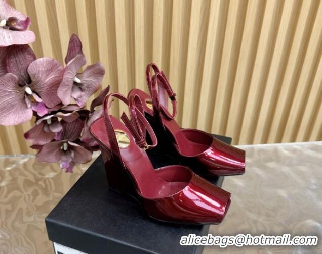 Good Looking Saint Laurent La Scandale Open Toe Wedge Sandals 11cm in Patent Leather Red 0225060