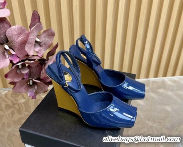 Unique Discount Saint Laurent La Scandale Open Toe Wedge Sandals 11cm in Patent Leather Blue 0225061