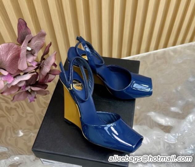 Unique Discount Saint Laurent La Scandale Open Toe Wedge Sandals 11cm in Patent Leather Blue 0225061