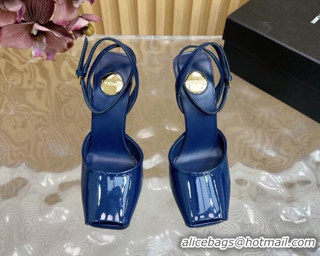 Unique Discount Saint Laurent La Scandale Open Toe Wedge Sandals 11cm in Patent Leather Blue 0225061